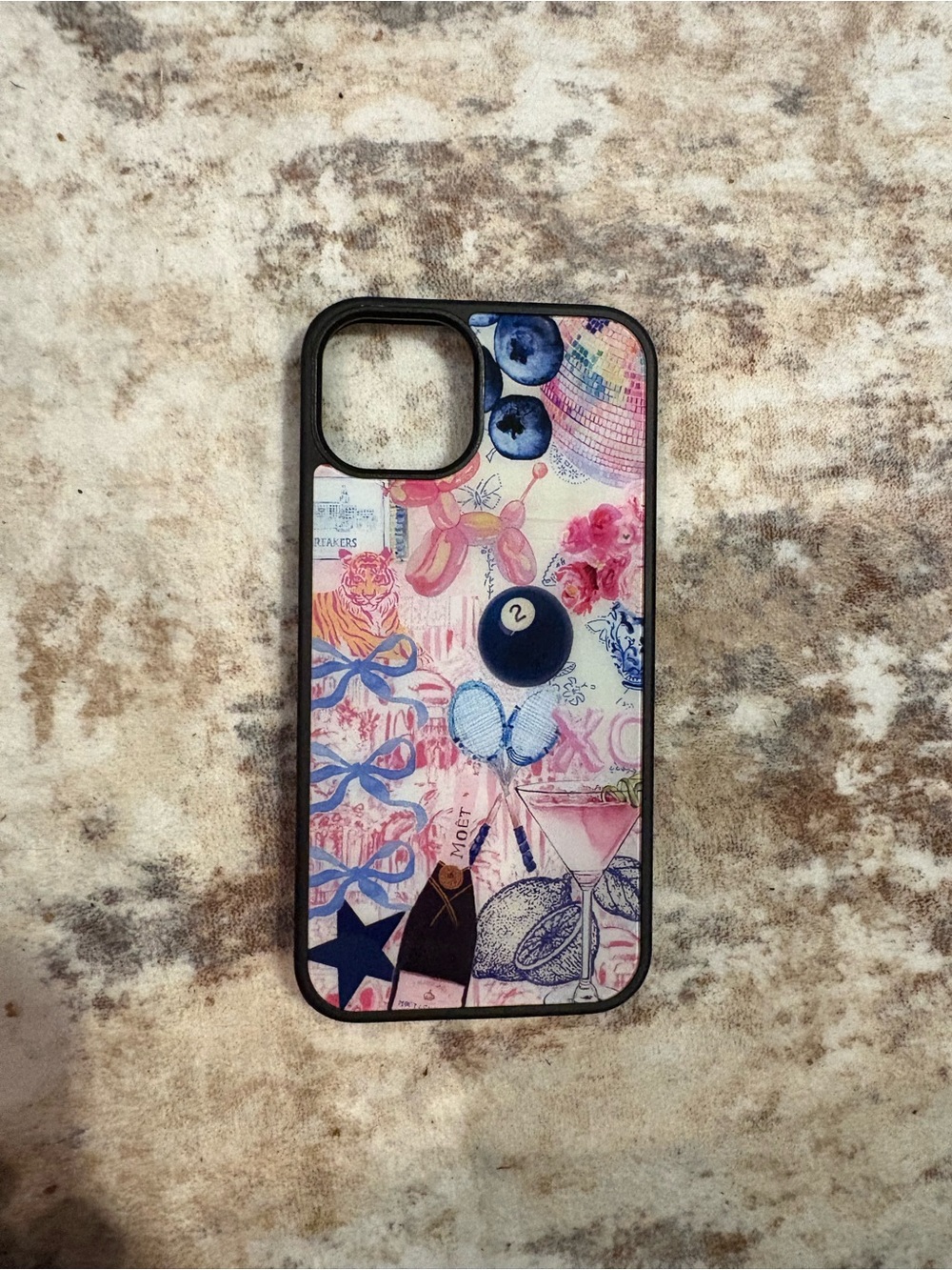 iPhone 13 Decorative Pink Patterned Phone Case with Black Frame